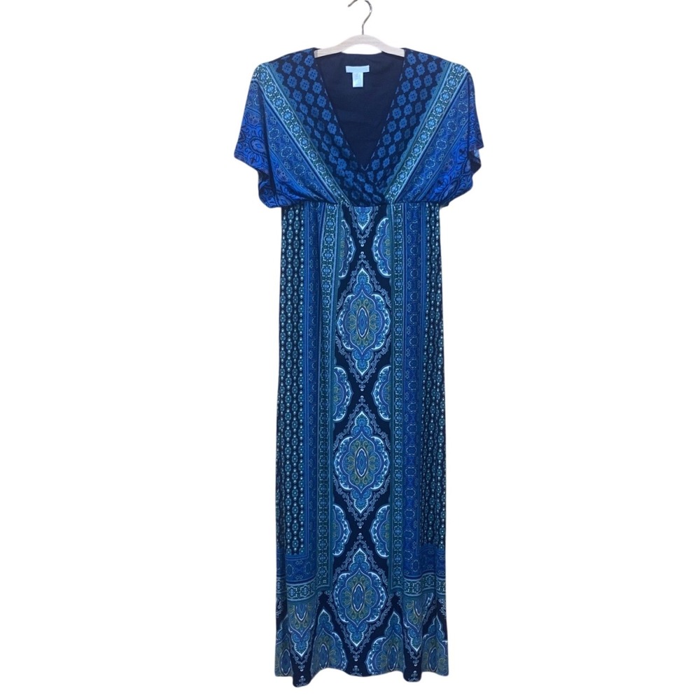 NWT London Times Maxi Dress Size 4 Navy Blue Paisley Print V-Neck‎ Short Sleeve